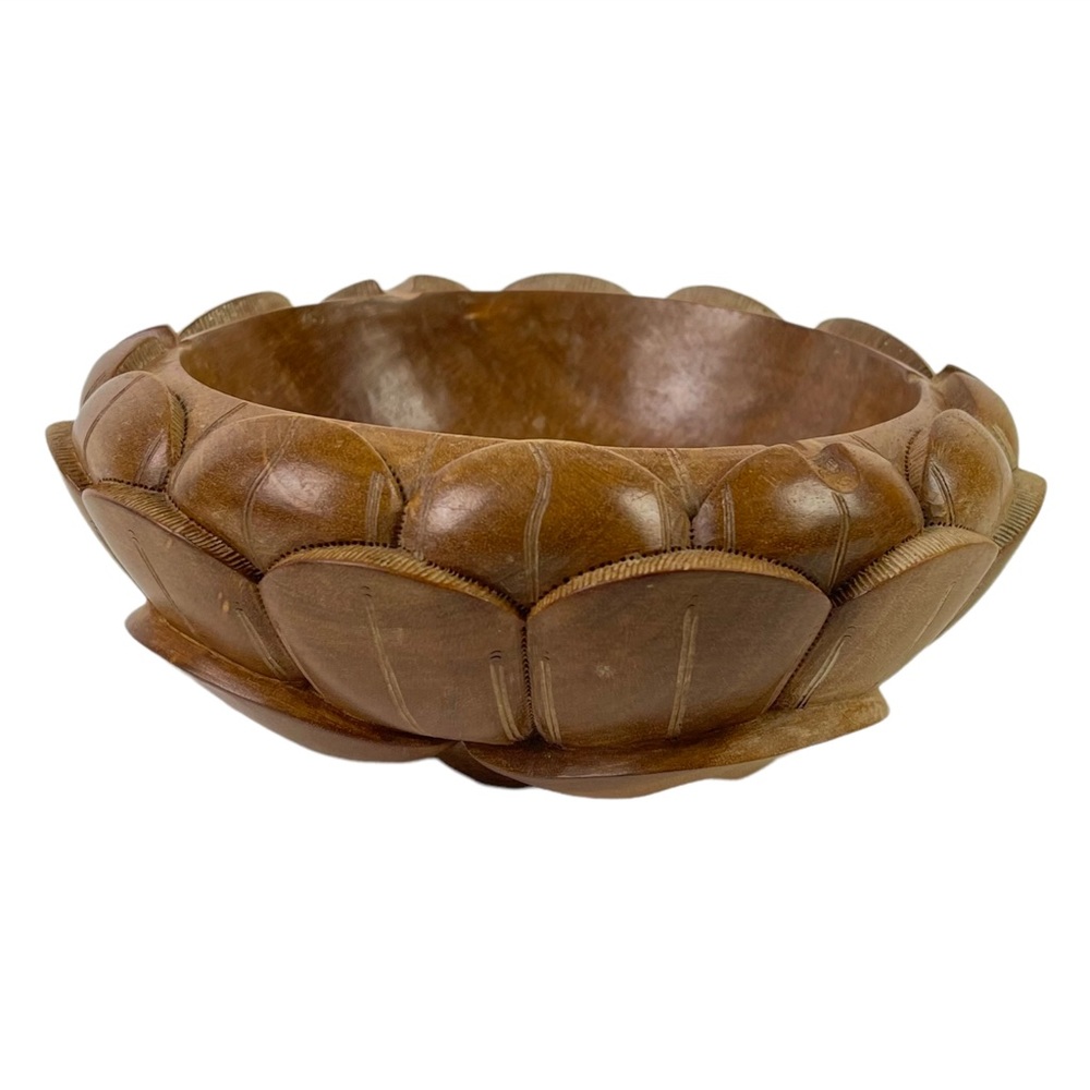 Vintage Heavy Wooden Bowl Hand Carved Wood Ashtray Flower Shape